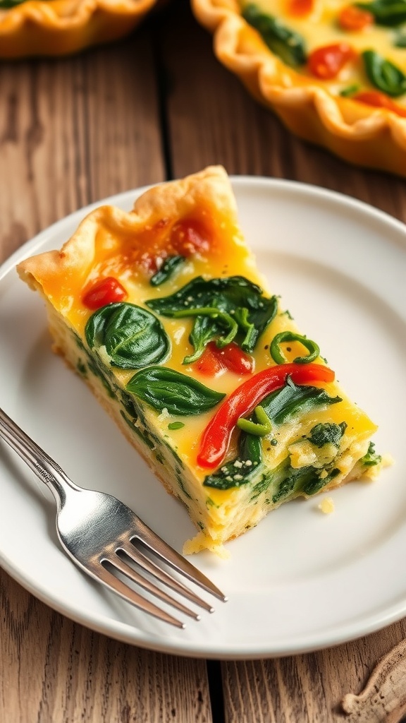 A slice of crustless vegetable quiche with spinach and bell peppers on a plate, garnished with herbs.